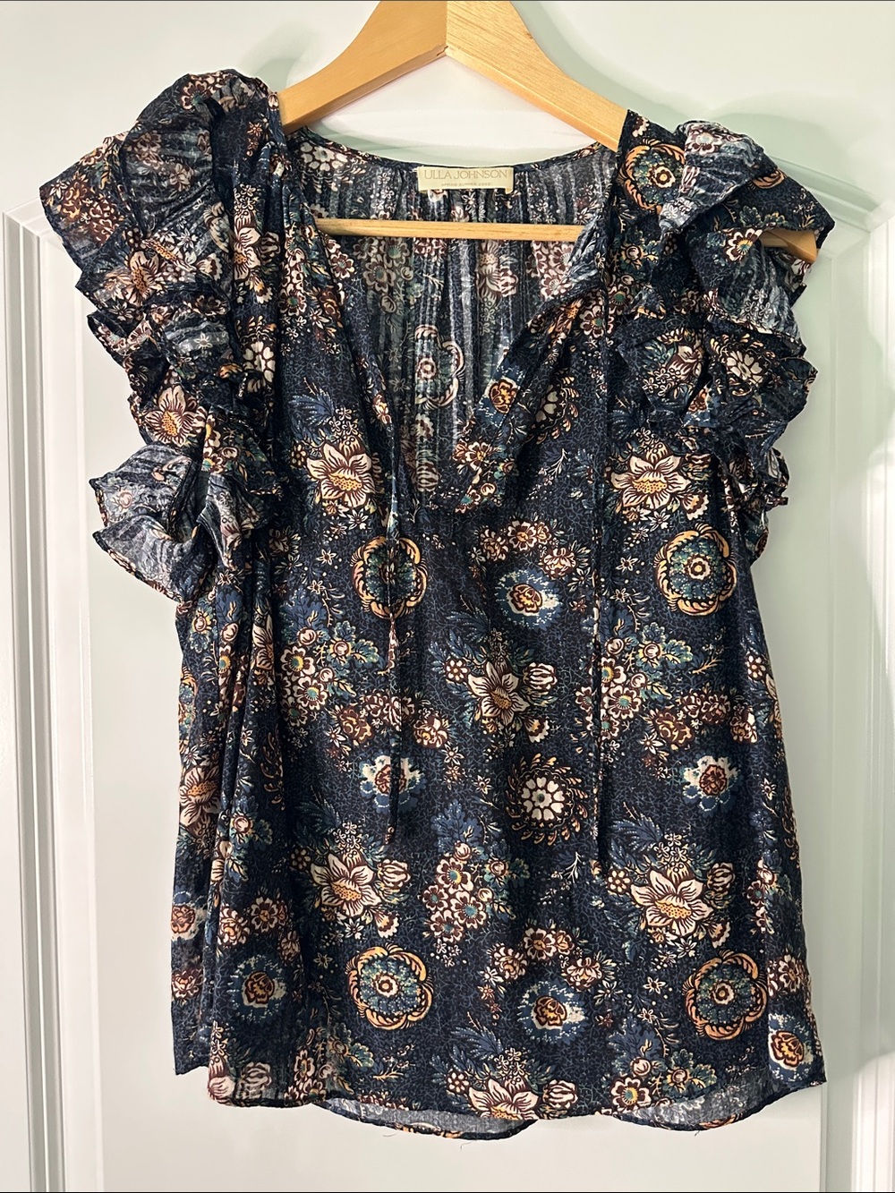 Ulla Johnson Navy Floral Ruffle-Sleeve Peasant Blouse